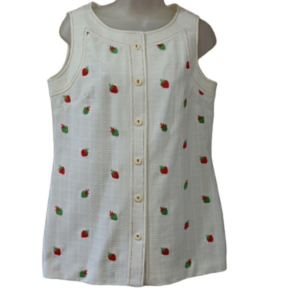 Carnville Vintage Strawberry Embroidered Sleeveless Top Vest Medium